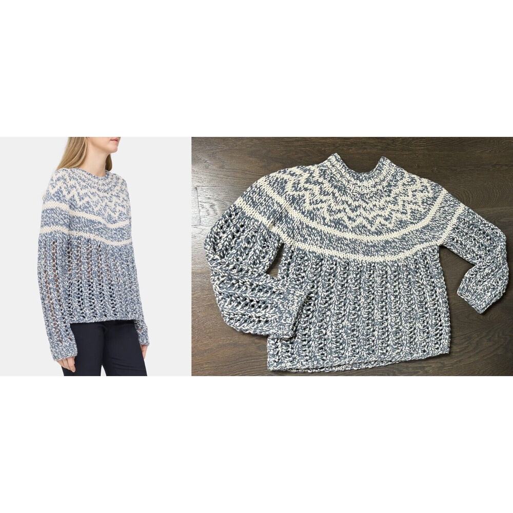 NEW $495‎ Theory Blue Chevron Sweater in Felted Wool-Cashmere Fair Isle sz S